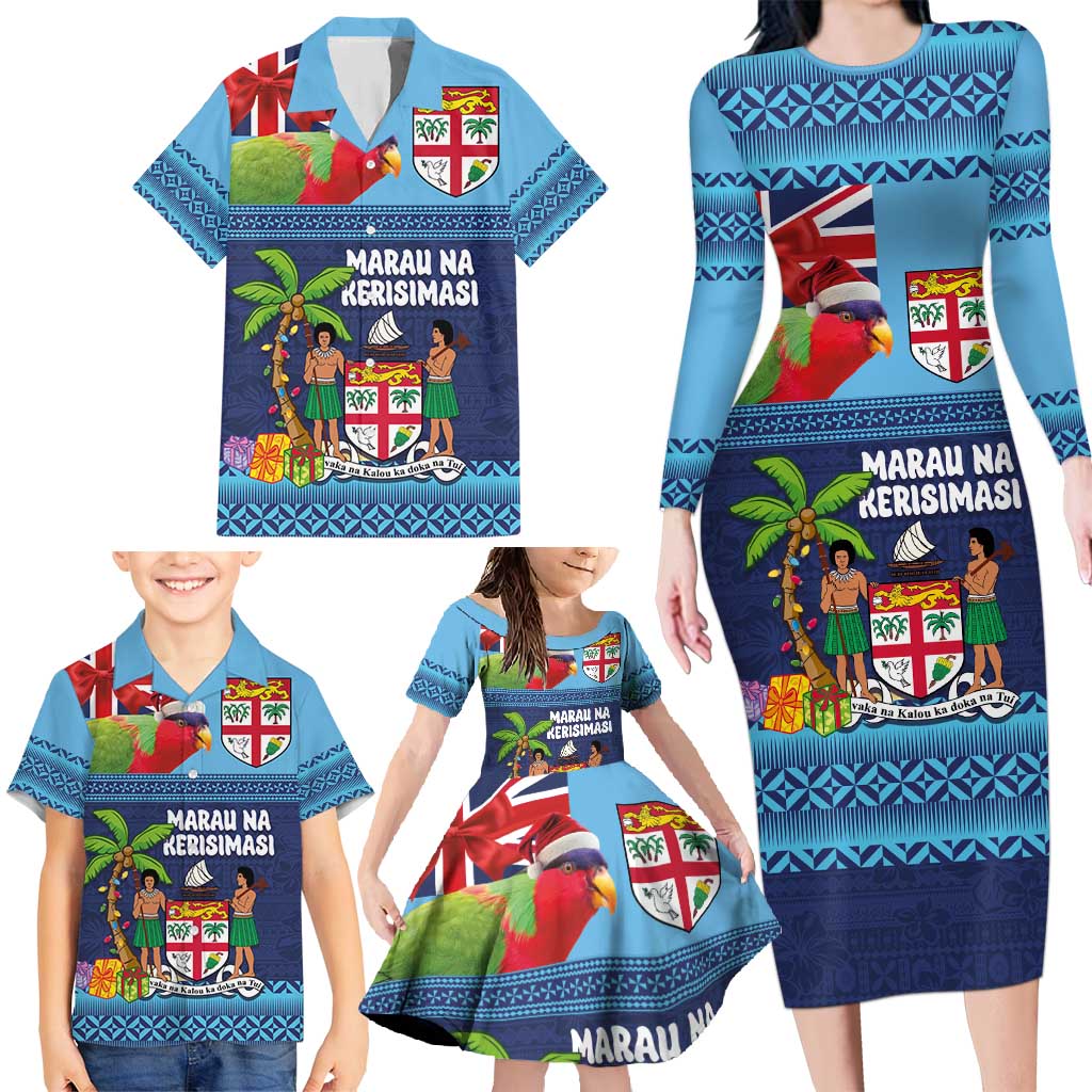 Fiji Marau na Kerisimasi Family Matching Long Sleeve Bodycon Dress and Hawaiian Shirt Christmas Collared Lory - Fiji Emblems and Xmas Palm Tree Tapa Art Pattern