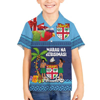 Fiji Marau na Kerisimasi Family Matching Off Shoulder Maxi Dress and Hawaiian Shirt Christmas Collared Lory - Fiji Emblems and Xmas Palm Tree Tapa Art Pattern
