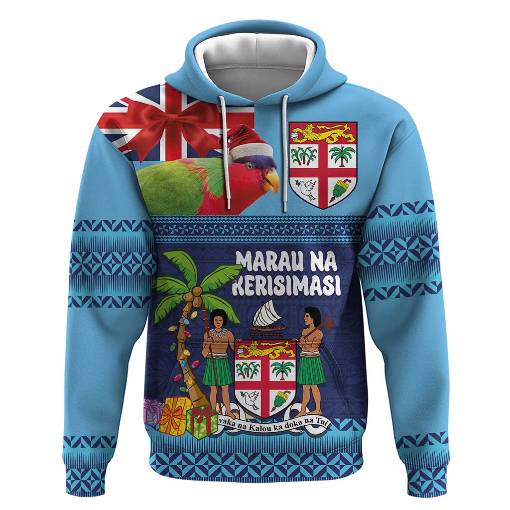 Fiji Marau na Kerisimasi Hoodie Christmas Collared Lory - Fiji Emblems and Xmas Palm Tree Tapa Art Pattern