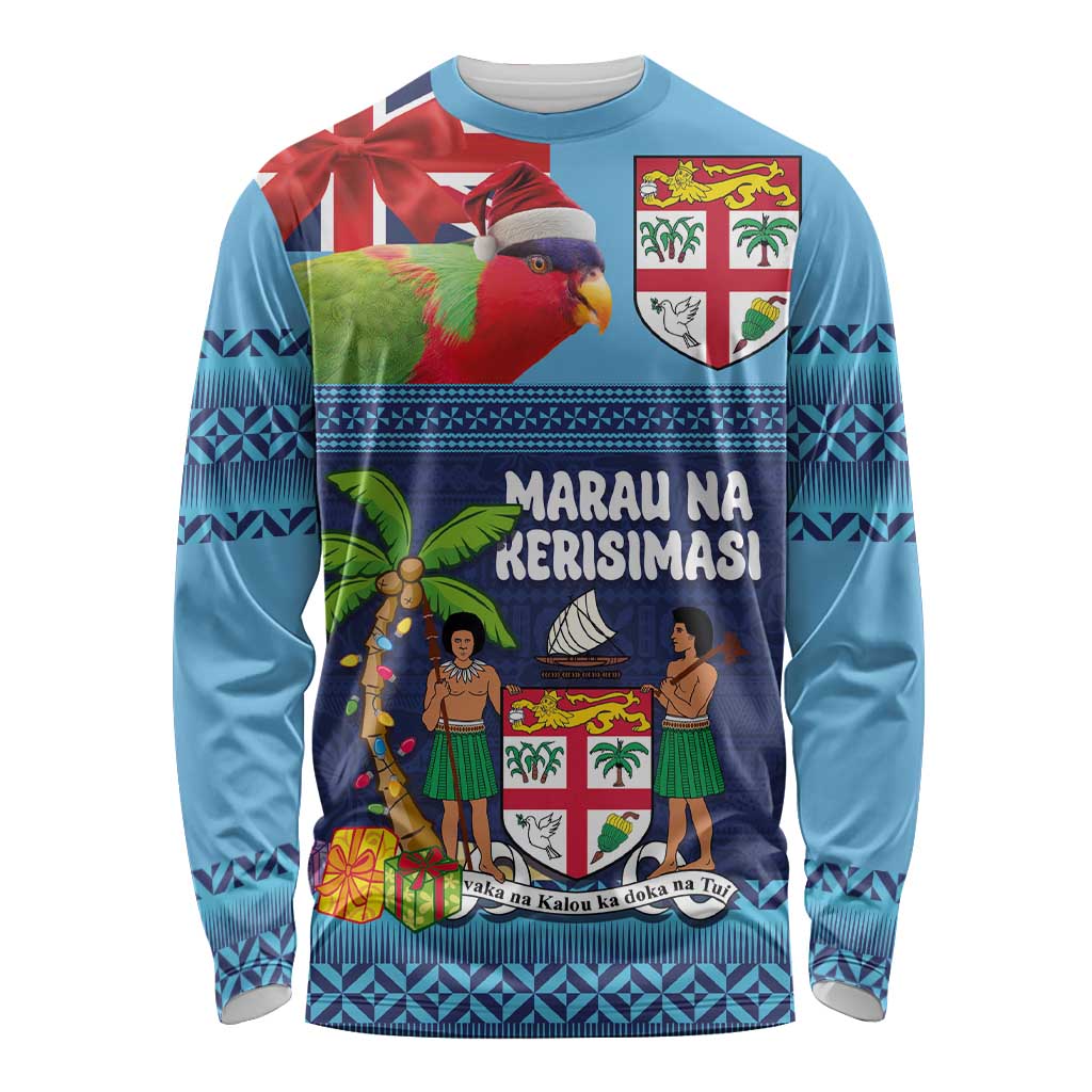 Fiji Marau na Kerisimasi Long Sleeve Shirt Christmas Collared Lory - Fiji Emblems and Xmas Palm Tree Tapa Art Pattern