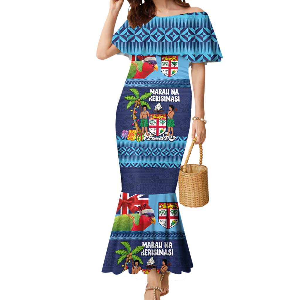 Fiji Marau na Kerisimasi Mermaid Dress Christmas Collared Lory - Fiji Emblems and Xmas Palm Tree Tapa Art Pattern