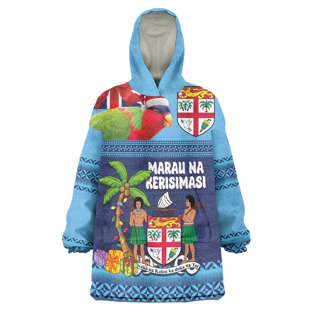 Fiji Marau na Kerisimasi Wearable Blanket Hoodie Christmas Collared Lory - Fiji Emblems and Xmas Palm Tree Tapa Art Pattern