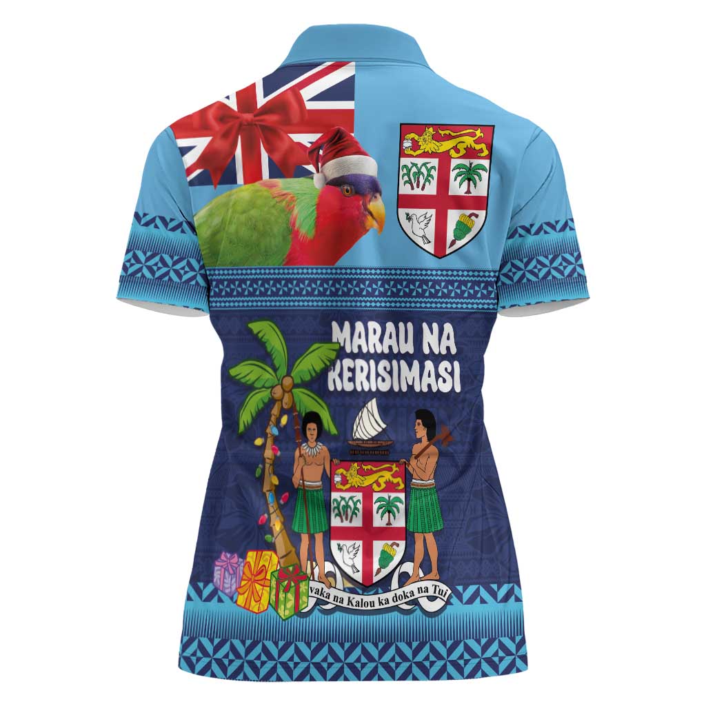 Fiji Marau na Kerisimasi Women Polo Shirt Christmas Collared Lory - Fiji Emblems and Xmas Palm Tree Tapa Art Pattern