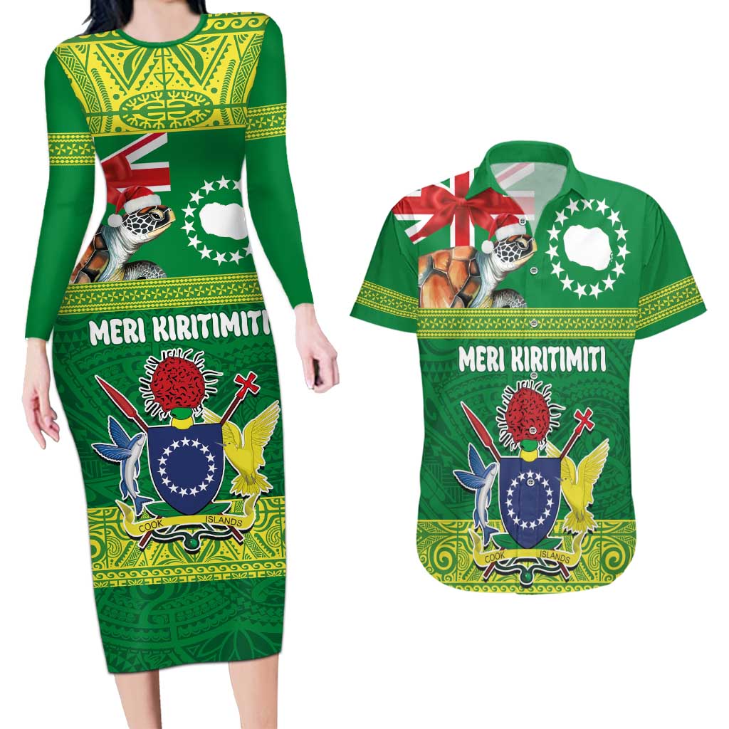 Cook Islands Meri Kiritimiti Couples Matching Long Sleeve Bodycon Dress and Hawaiian Shirt Christmas Turtle - Cooks Islands Emblems and Polynesian Art Pattern