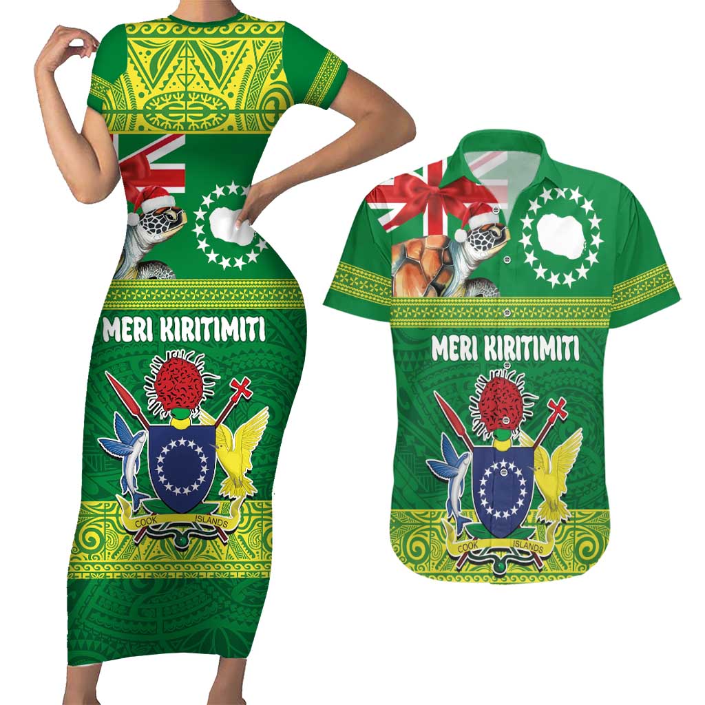 Cook Islands Meri Kiritimiti Couples Matching Short Sleeve Bodycon Dress and Hawaiian Shirt Christmas Turtle - Cooks Islands Emblems and Polynesian Art Pattern