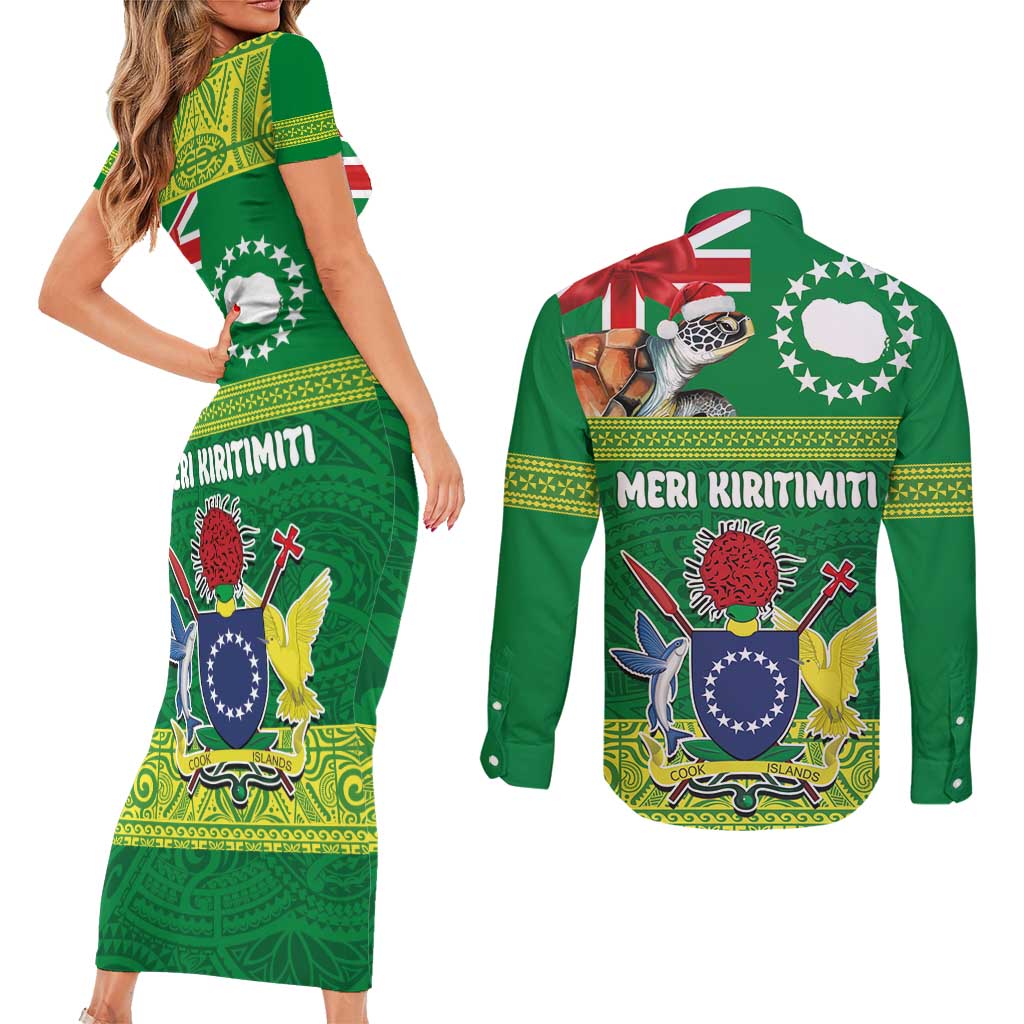 Cook Islands Meri Kiritimiti Couples Matching Short Sleeve Bodycon Dress and Long Sleeve Button Shirt Christmas Turtle - Cooks Islands Emblems and Polynesian Art Pattern