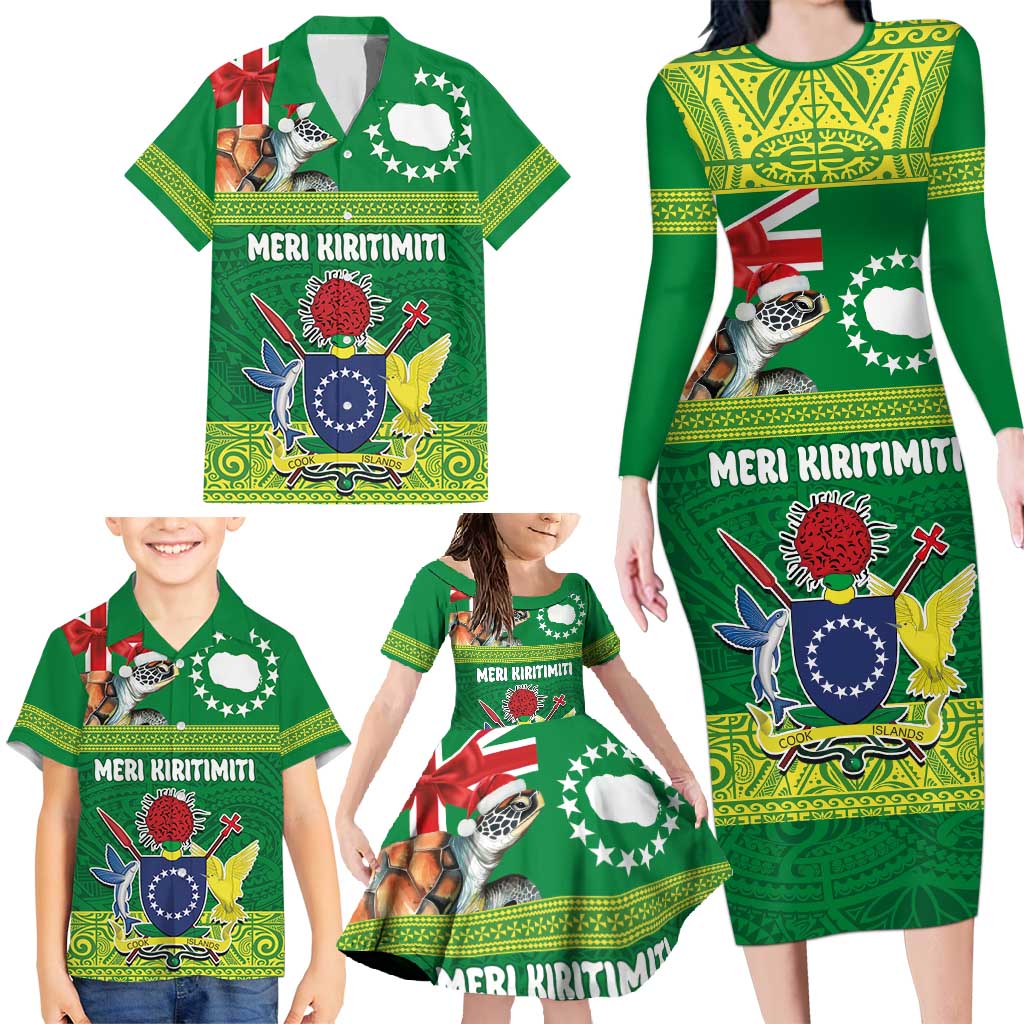 Cook Islands Meri Kiritimiti Family Matching Long Sleeve Bodycon Dress and Hawaiian Shirt Christmas Turtle - Cooks Islands Emblems and Polynesian Art Pattern LT03 - Polynesian Pride