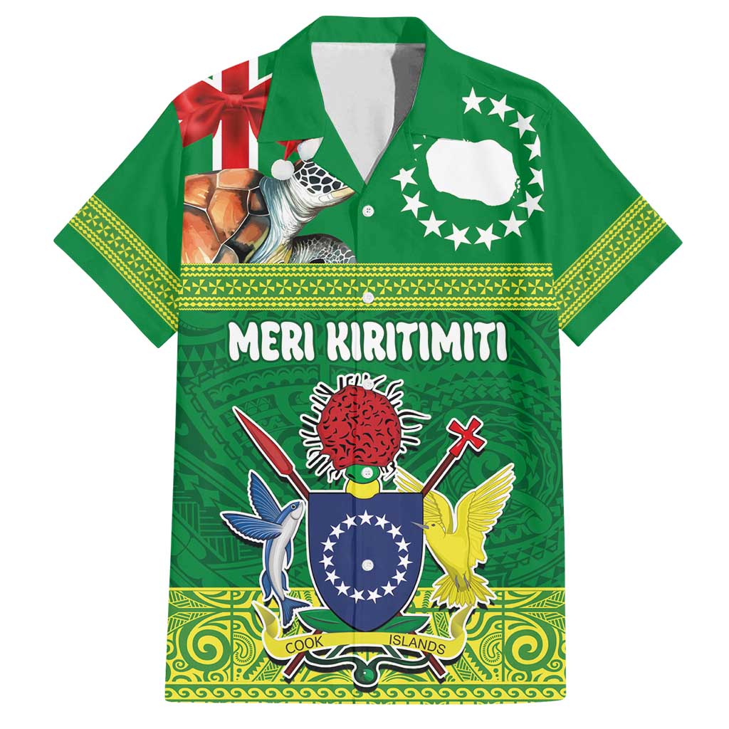 Cook Islands Meri Kiritimiti Family Matching Long Sleeve Bodycon Dress and Hawaiian Shirt Christmas Turtle - Cooks Islands Emblems and Polynesian Art Pattern LT03 Dad's Shirt - Short Sleeve Green - Polynesian Pride