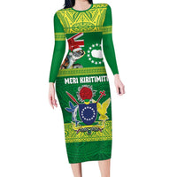 Cook Islands Meri Kiritimiti Family Matching Long Sleeve Bodycon Dress and Hawaiian Shirt Christmas Turtle - Cooks Islands Emblems and Polynesian Art Pattern LT03 Mom's Dress Green - Polynesian Pride