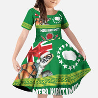 Cook Islands Meri Kiritimiti Family Matching Mermaid Dress and Hawaiian Shirt Christmas Turtle - Cooks Islands Emblems and Polynesian Art Pattern LT03 Daughter's Dress Green - Polynesian Pride
