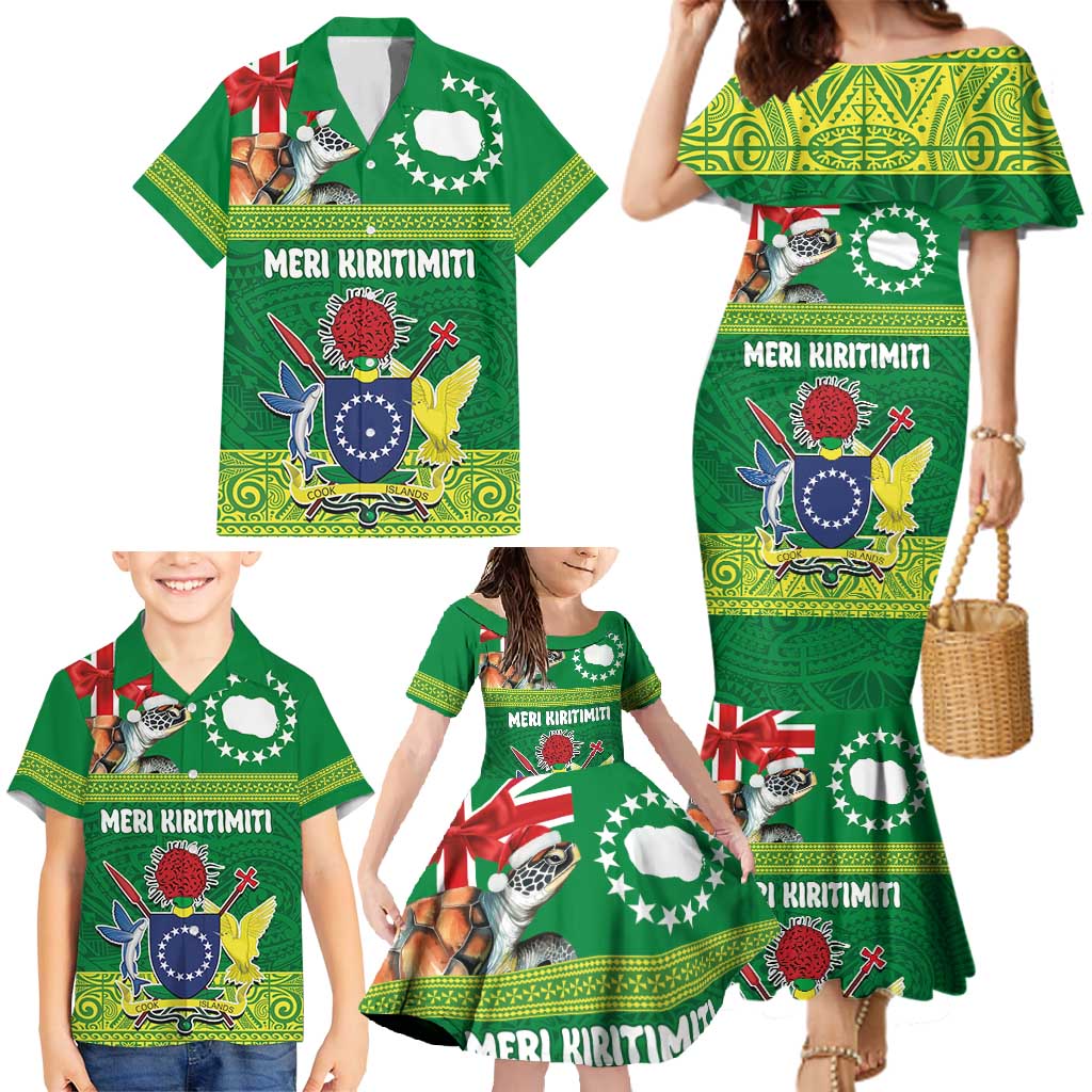 Cook Islands Meri Kiritimiti Family Matching Mermaid Dress and Hawaiian Shirt Christmas Turtle - Cooks Islands Emblems and Polynesian Art Pattern LT03 - Polynesian Pride