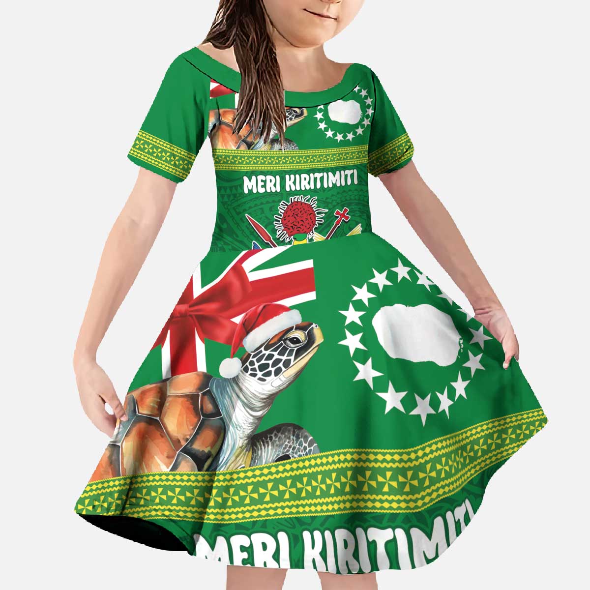 Cook Islands Meri Kiritimiti Family Matching Off The Shoulder Long Sleeve Dress and Hawaiian Shirt Christmas Turtle - Cooks Islands Emblems and Polynesian Art Pattern LT03 Daughter's Dress Green - Polynesian Pride