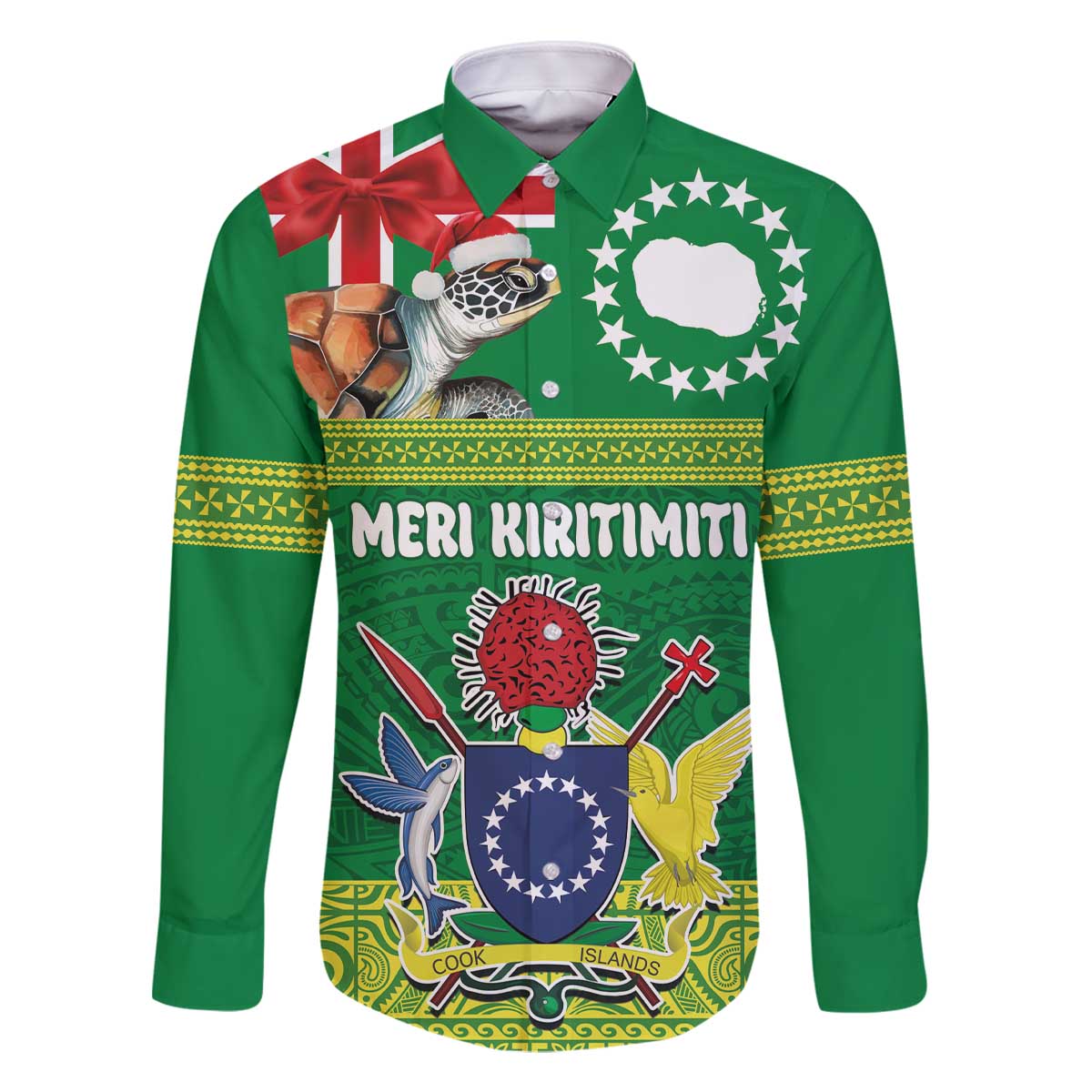 Cook Islands Meri Kiritimiti Family Matching Off The Shoulder Long Sleeve Dress and Hawaiian Shirt Christmas Turtle - Cooks Islands Emblems and Polynesian Art Pattern LT03 Dad's Shirt - Long Sleeve Green - Polynesian Pride