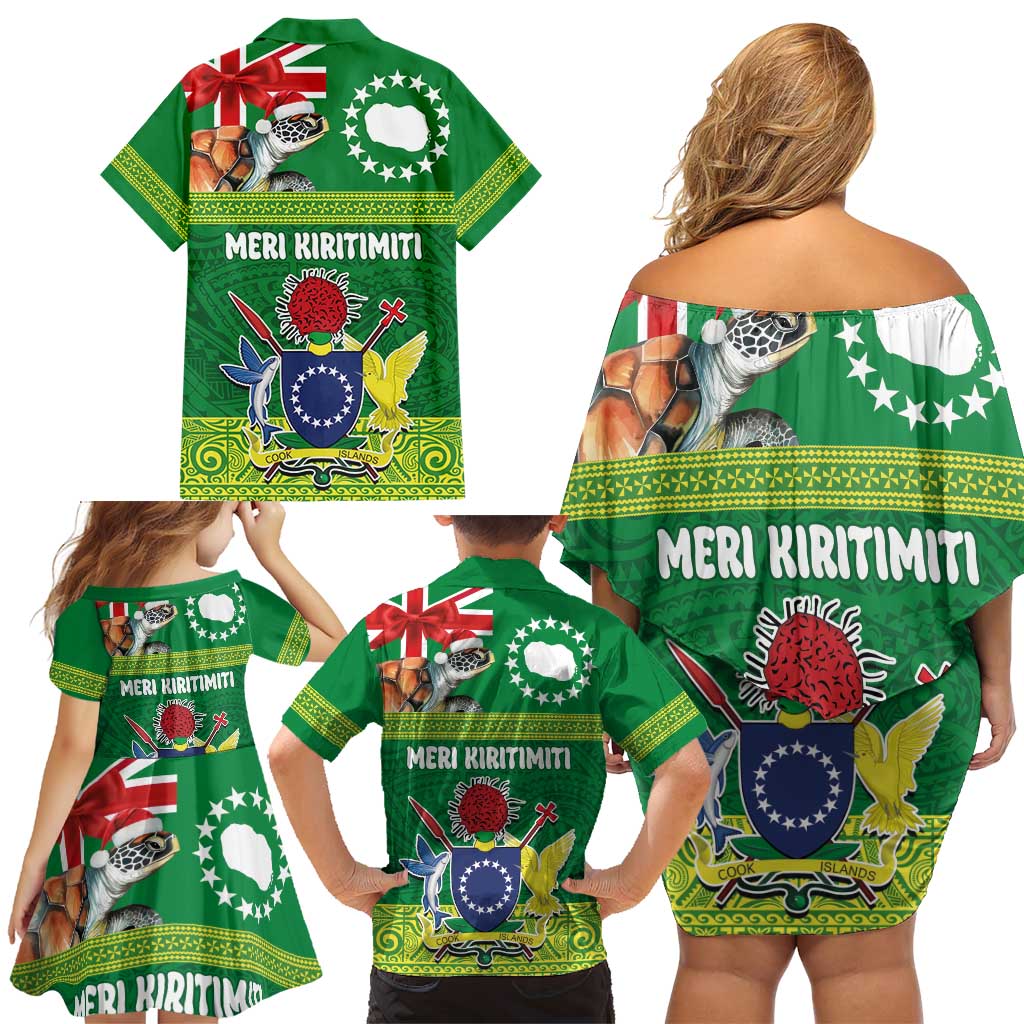 Cook Islands Meri Kiritimiti Family Matching Off Shoulder Short Dress and Hawaiian Shirt Christmas Turtle - Cooks Islands Emblems and Polynesian Art Pattern