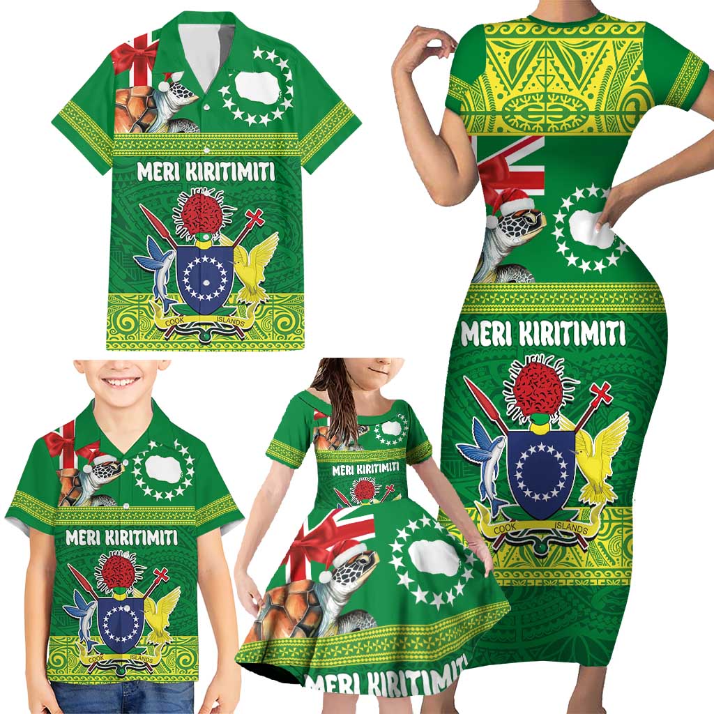 Cook Islands Meri Kiritimiti Family Matching Short Sleeve Bodycon Dress and Hawaiian Shirt Christmas Turtle - Cooks Islands Emblems and Polynesian Art Pattern LT03 - Polynesian Pride