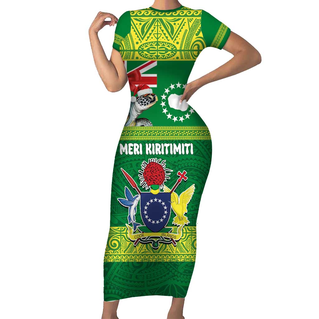 Cook Islands Meri Kiritimiti Family Matching Short Sleeve Bodycon Dress and Hawaiian Shirt Christmas Turtle - Cooks Islands Emblems and Polynesian Art Pattern LT03 Mom's Dress Green - Polynesian Pride