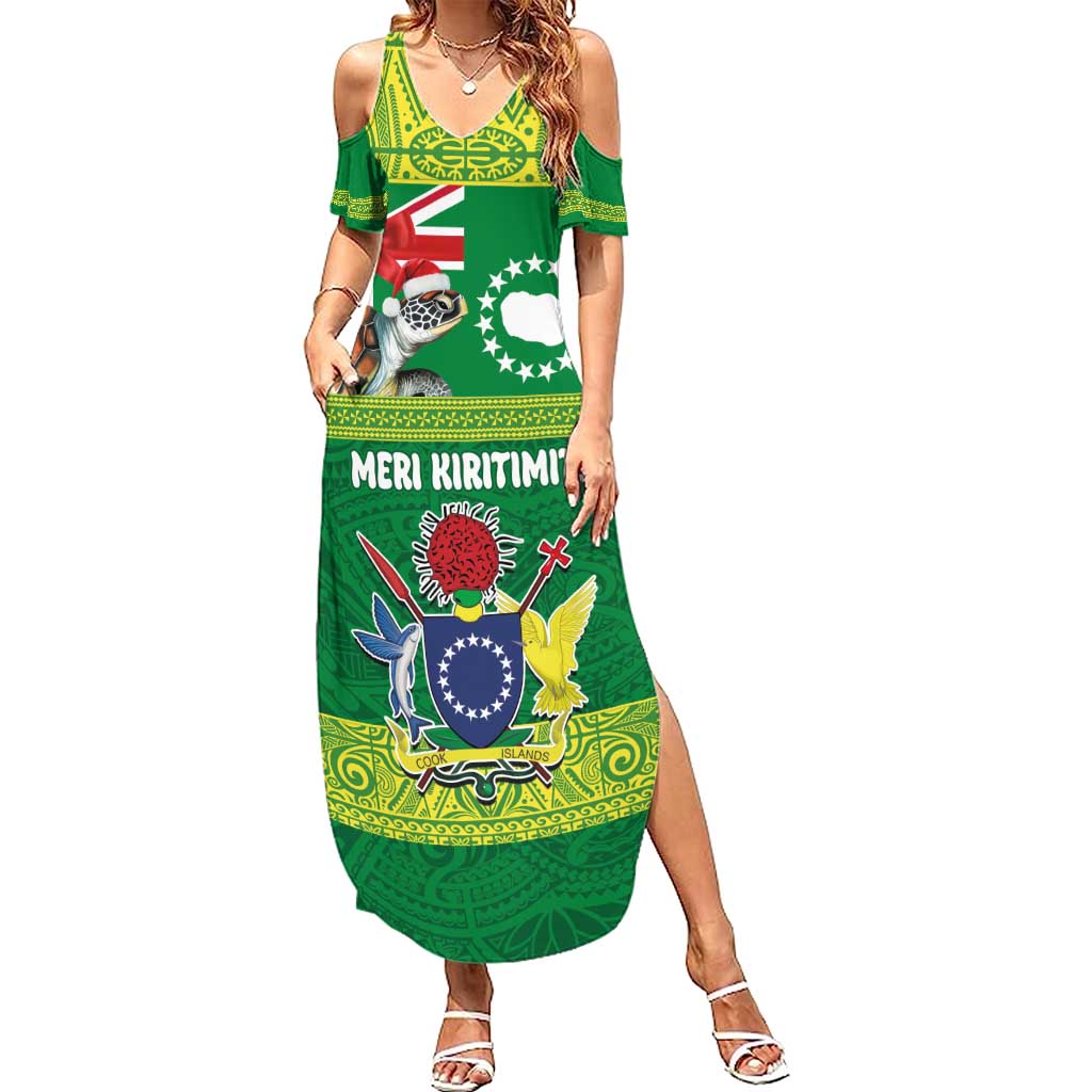 Cook Islands Meri Kiritimiti Family Matching Summer Maxi Dress and Hawaiian Shirt Christmas Turtle - Cooks Islands Emblems and Polynesian Art Pattern LT03 Mom's Dress Green - Polynesian Pride