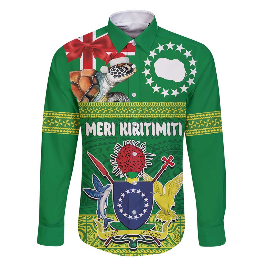 Cook Islands Meri Kiritimiti Family Matching Tank Maxi Dress and Hawaiian Shirt Christmas Turtle - Cooks Islands Emblems and Polynesian Art Pattern LT03 Dad's Shirt - Long Sleeve Green - Polynesian Pride