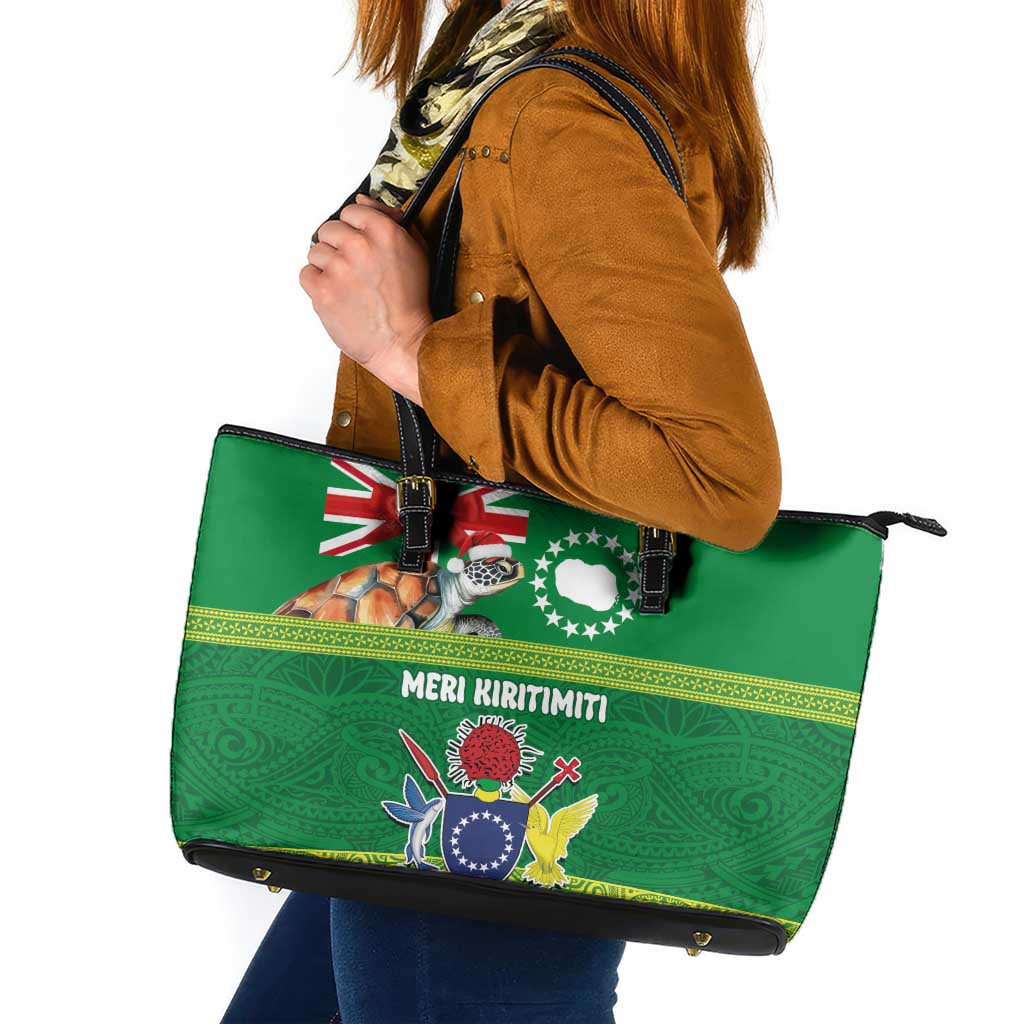 Cook Islands Meri Kiritimiti Leather Tote Bag Christmas Turtle - Cooks Islands Emblems and Polynesian Art Pattern