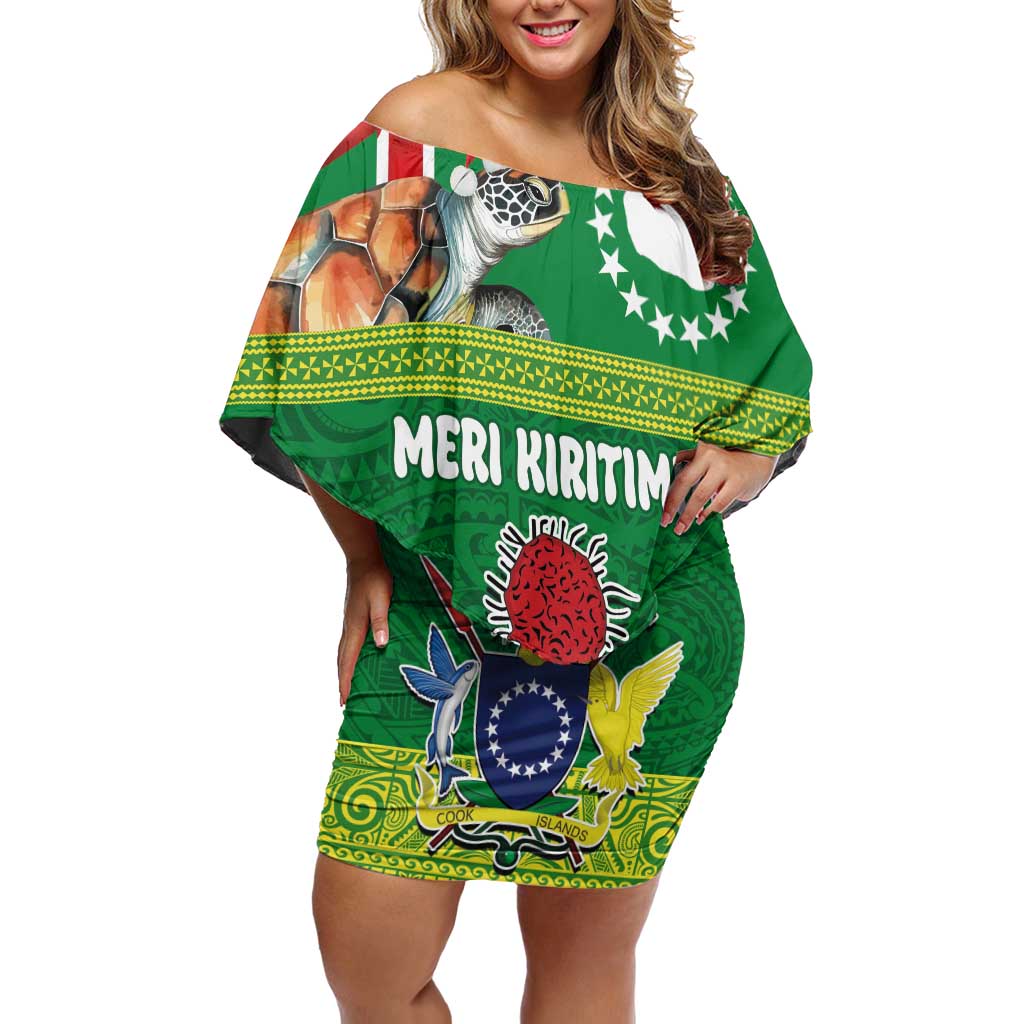 Cook Islands Meri Kiritimiti Off Shoulder Short Dress Christmas Turtle - Cooks Islands Emblems and Polynesian Art Pattern