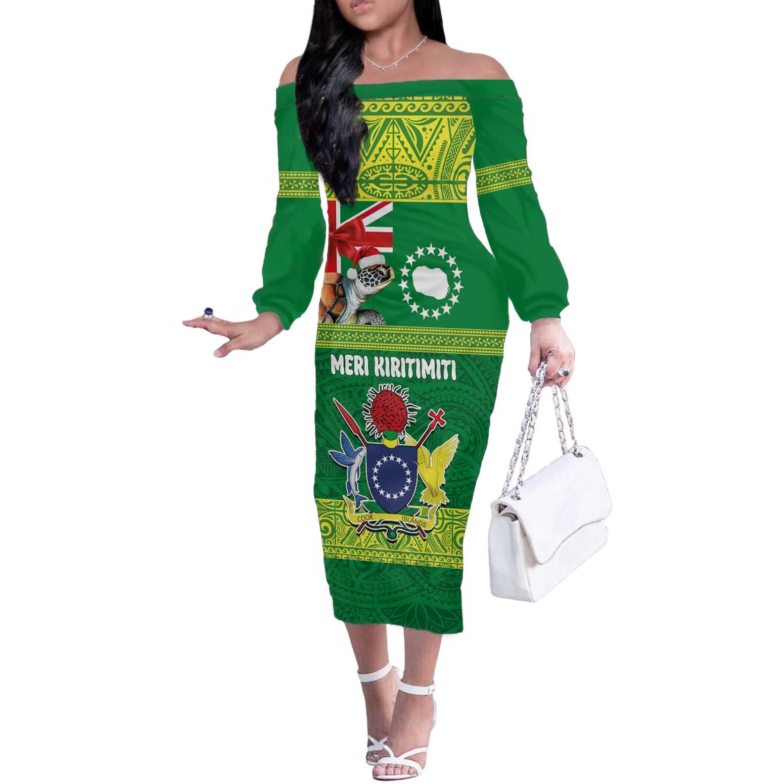 Cook Islands Meri Kiritimiti Off The Shoulder Long Sleeve Dress Christmas Turtle - Cooks Islands Emblems and Polynesian Art Pattern