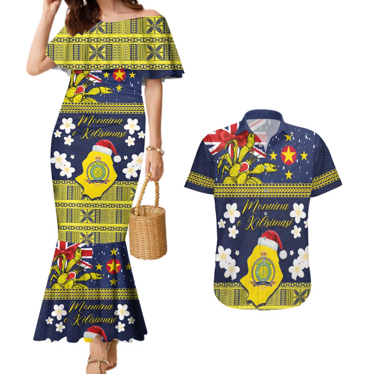 Niue Monuina e Kilisimasi Couples Matching Mermaid Dress and Hawaiian Shirt Christmas Uga - Niue Map and Emblem with Hiapo Art Pattern