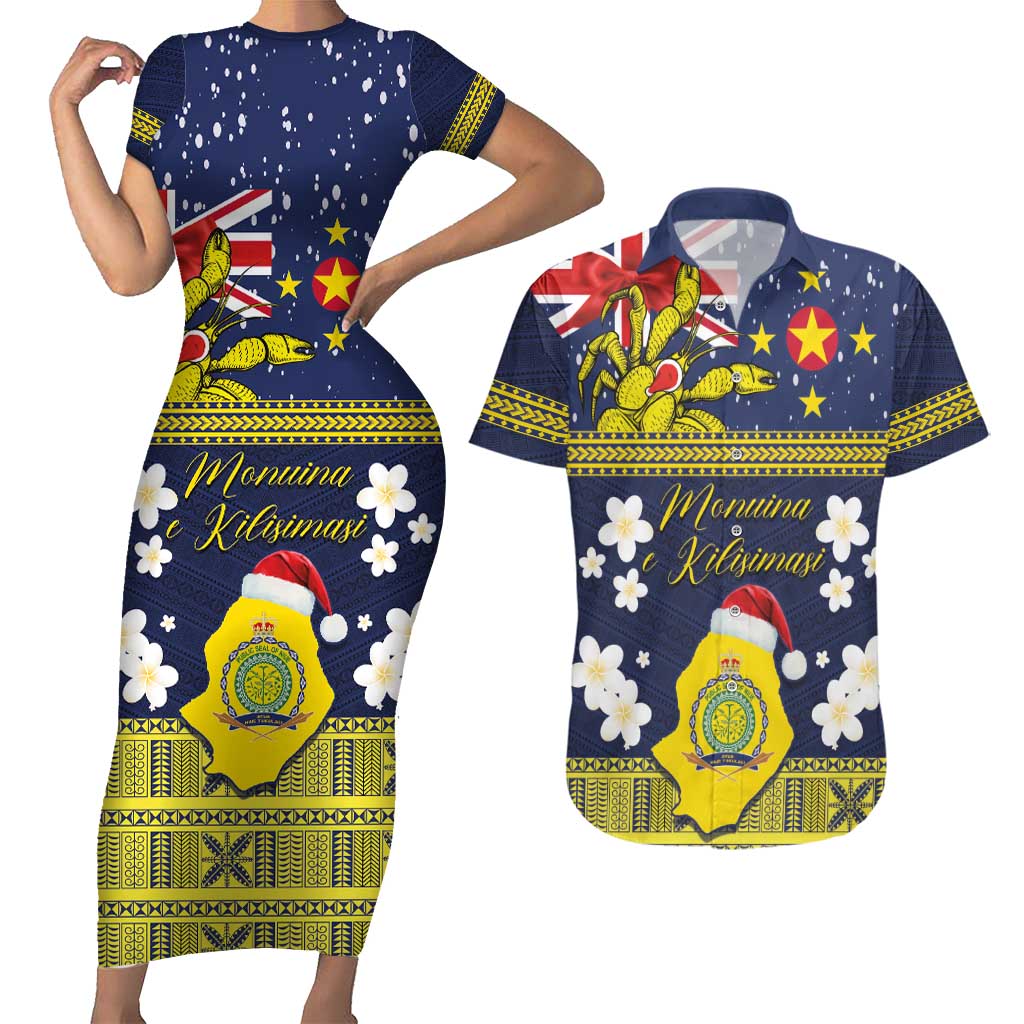 Niue Monuina e Kilisimasi Couples Matching Short Sleeve Bodycon Dress and Hawaiian Shirt Christmas Uga - Niue Map and Emblem with Hiapo Art Pattern