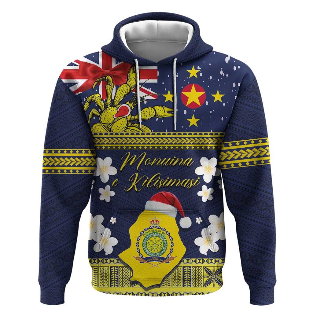 Niue Monuina e Kilisimasi Hoodie Christmas Uga - Niue Map and Emblem with Hiapo Art Pattern