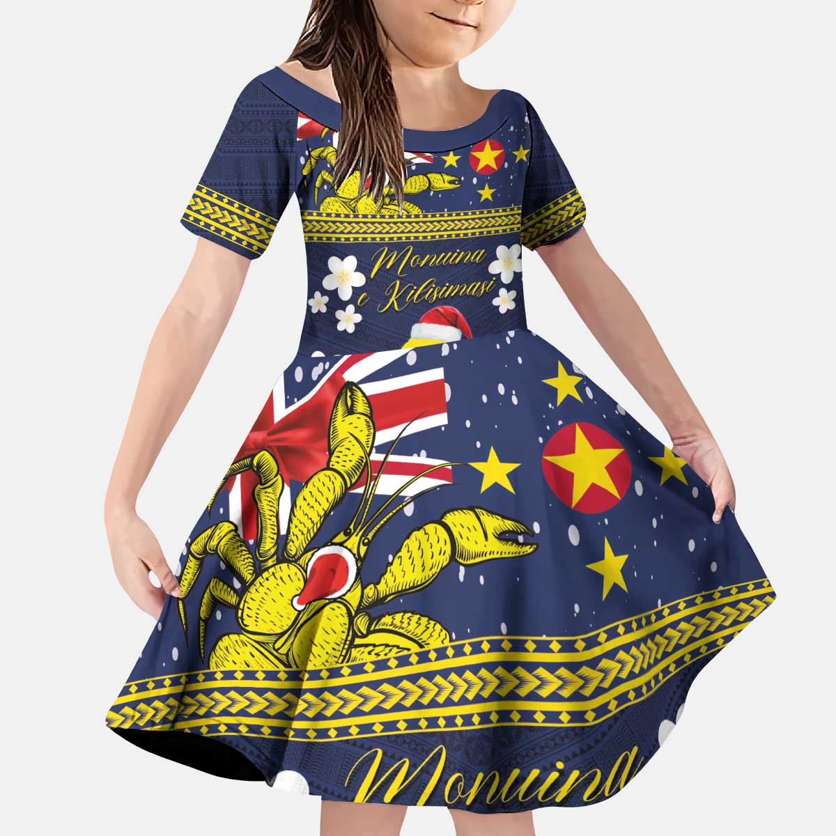 Niue Monuina e Kilisimasi Kid Short Sleeve Dress Christmas Uga - Niue Map and Emblem with Hiapo Art Pattern