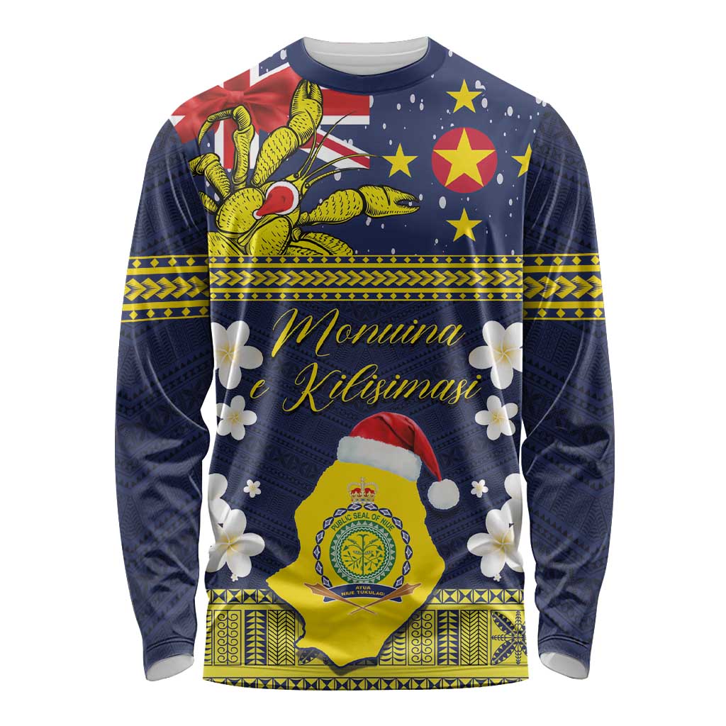 Niue Monuina e Kilisimasi Long Sleeve Shirt Christmas Uga - Niue Map and Emblem with Hiapo Art Pattern