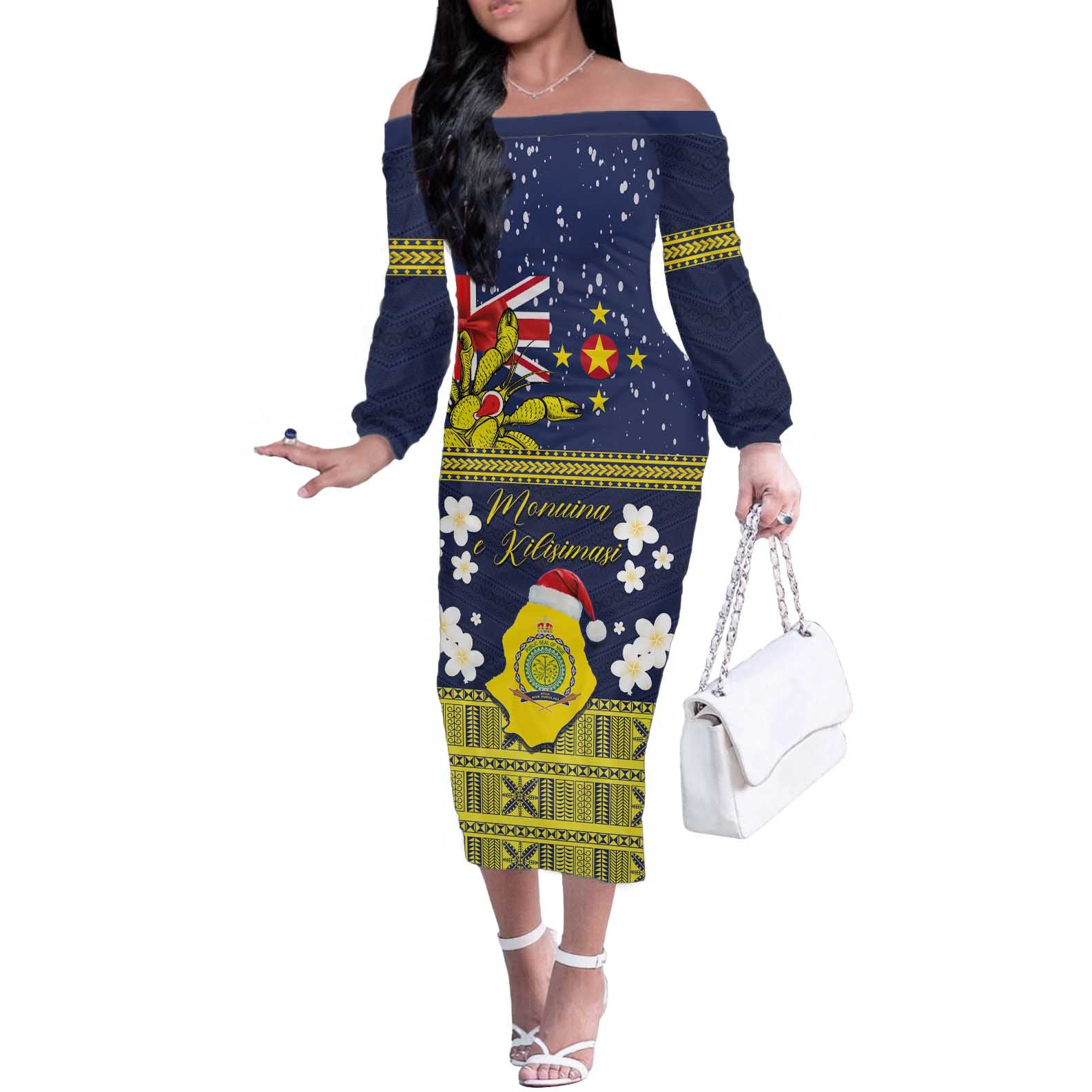 Niue Monuina e Kilisimasi Off The Shoulder Long Sleeve Dress Christmas Uga - Niue Map and Emblem with Hiapo Art Pattern