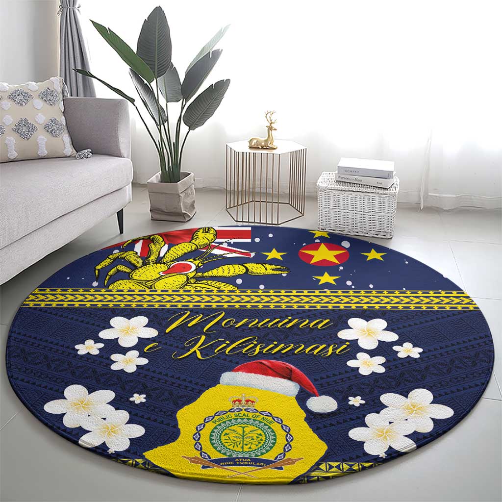 Niue Monuina e Kilisimasi Round Carpet Christmas Uga - Niue Map and Emblem with Hiapo Art Pattern