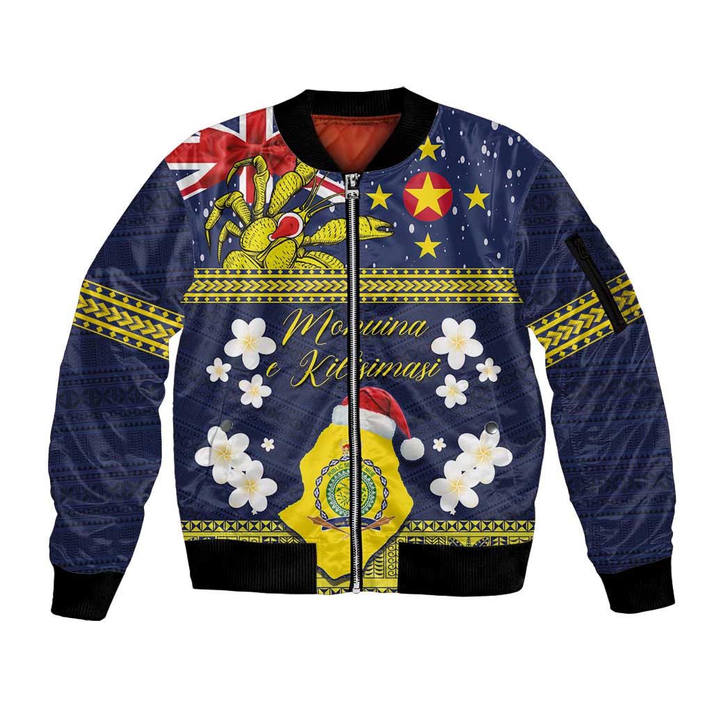 Niue Monuina e Kilisimasi Sleeve Zip Bomber Jacket Christmas Uga - Niue Map and Emblem with Hiapo Art Pattern