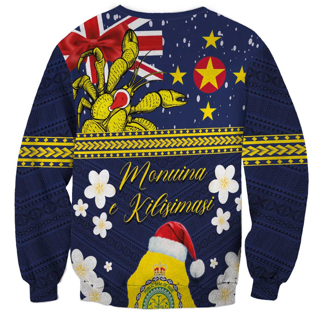 Niue Monuina e Kilisimasi Sweatshirt Christmas Uga - Niue Map and Emblem with Hiapo Art Pattern