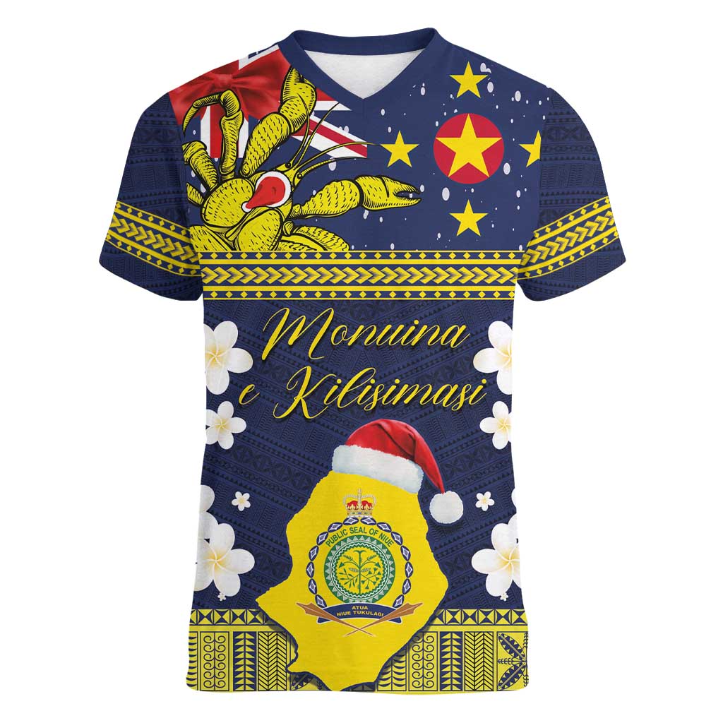 Niue Monuina e Kilisimasi Women V-Neck T-Shirt Christmas Uga - Niue Map and Emblem with Hiapo Art Pattern