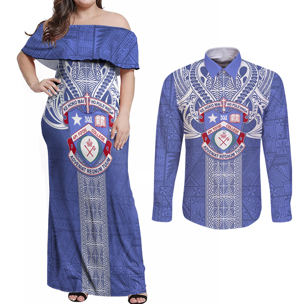 Tonga Apifoou School Couples Matching Off Shoulder Maxi Dress and Long Sleeve Button Shirt Ngatu and Polynesian Pattern LT03 Blue - Polynesian Pride