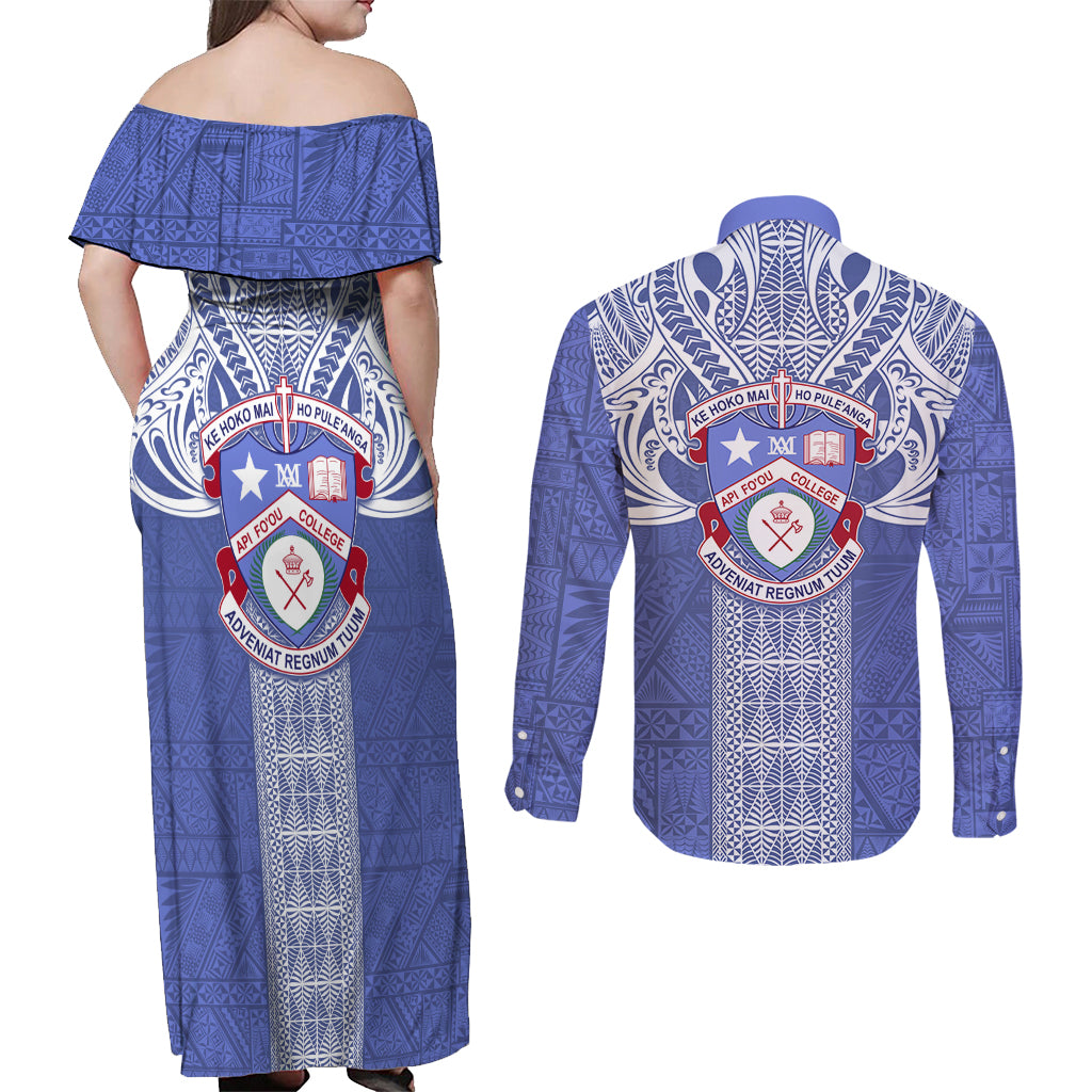 Tonga Apifoou School Couples Matching Off Shoulder Maxi Dress and Long Sleeve Button Shirt Ngatu and Polynesian Pattern LT03 - Polynesian Pride