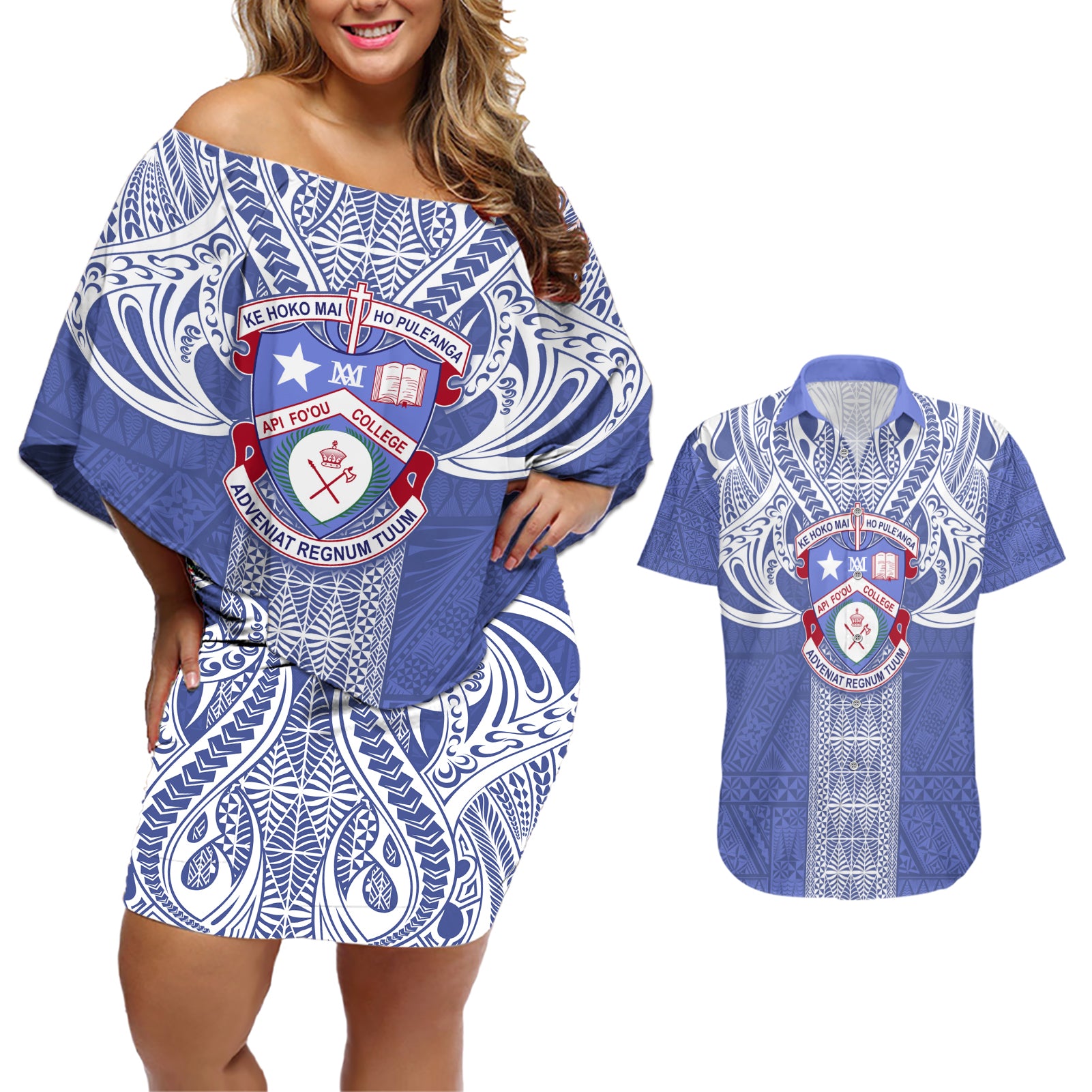 Tonga Apifoou School Couples Matching Off Shoulder Short Dress and Hawaiian Shirt Ngatu and Polynesian Pattern LT03 Blue - Polynesian Pride