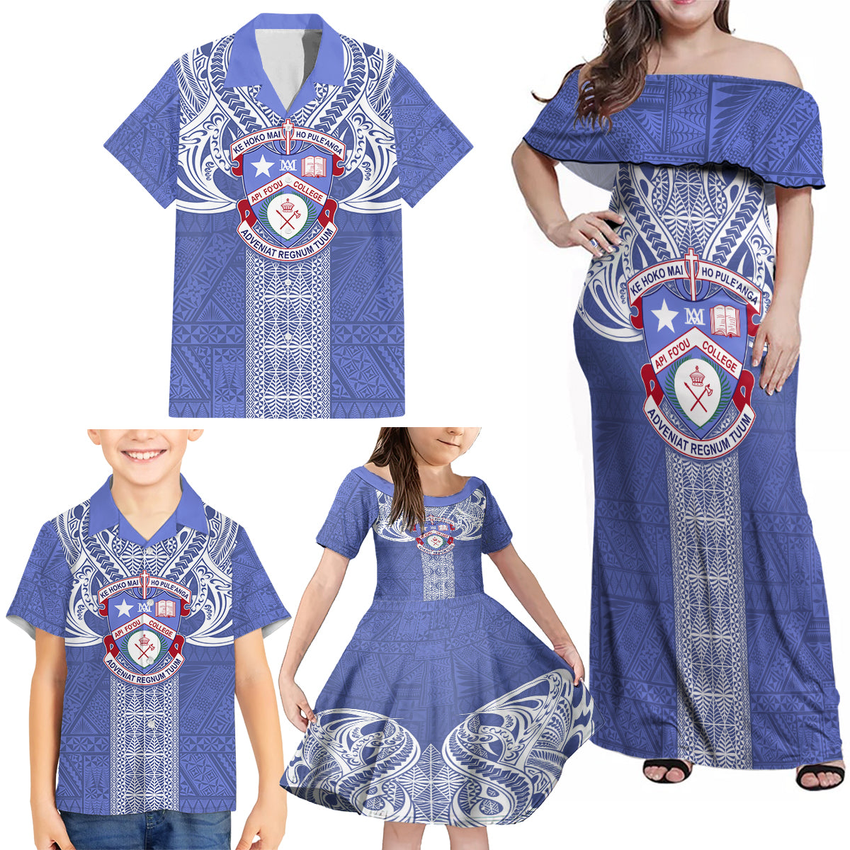 Tonga Apifoou School Family Matching Off Shoulder Maxi Dress and Hawaiian Shirt Ngatu and Polynesian Pattern LT03 - Polynesian Pride