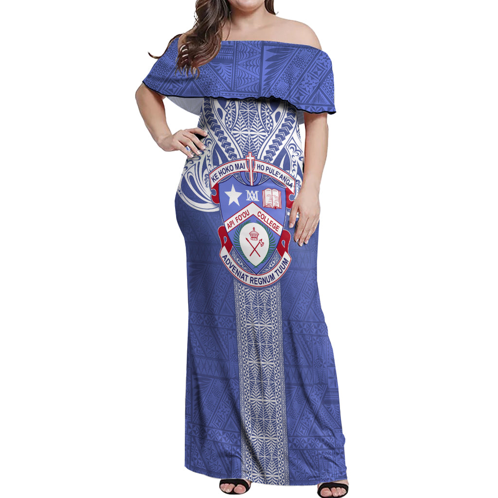 Tonga Apifoou School Off Shoulder Maxi Dress Ngatu and Polynesian Pattern LT03 Women Blue - Polynesian Pride