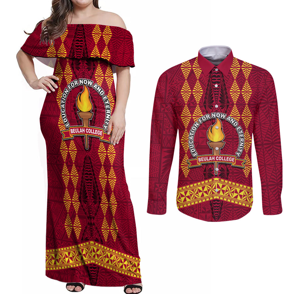 Tonga Beulah College Couples Matching Off Shoulder Maxi Dress and Long Sleeve Button Shirt Ngatu and Polynesian Pattern LT03 Red - Polynesian Pride