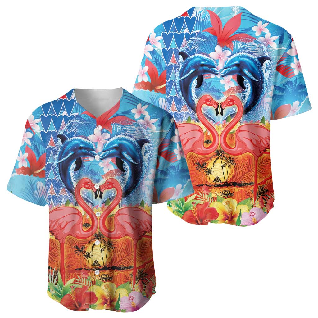 Hawaiian Love-Couple Dolphins and Flamingos Baseball Jersey - Polynesian Pride