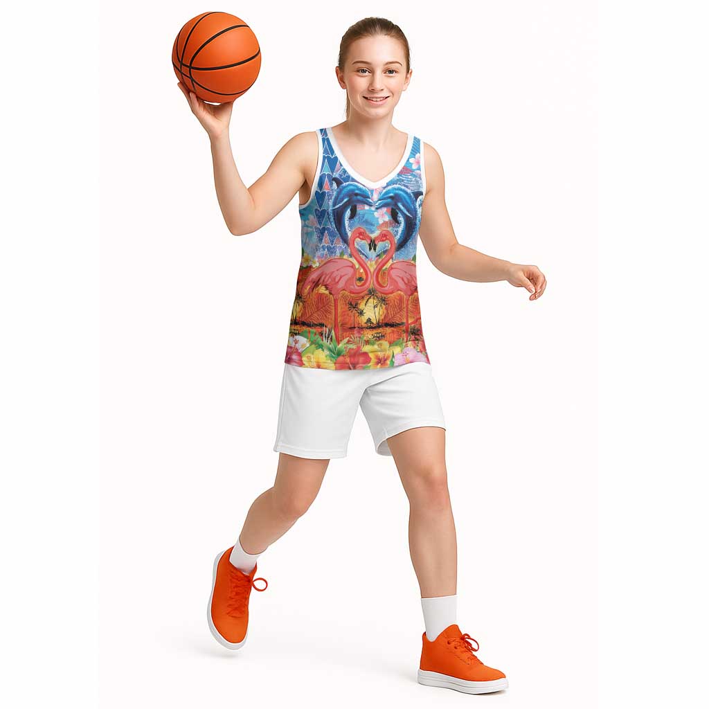 Hawaiian Love-Couple Dolphins and Flamingos Basketball Jersey - Polynesian Pride