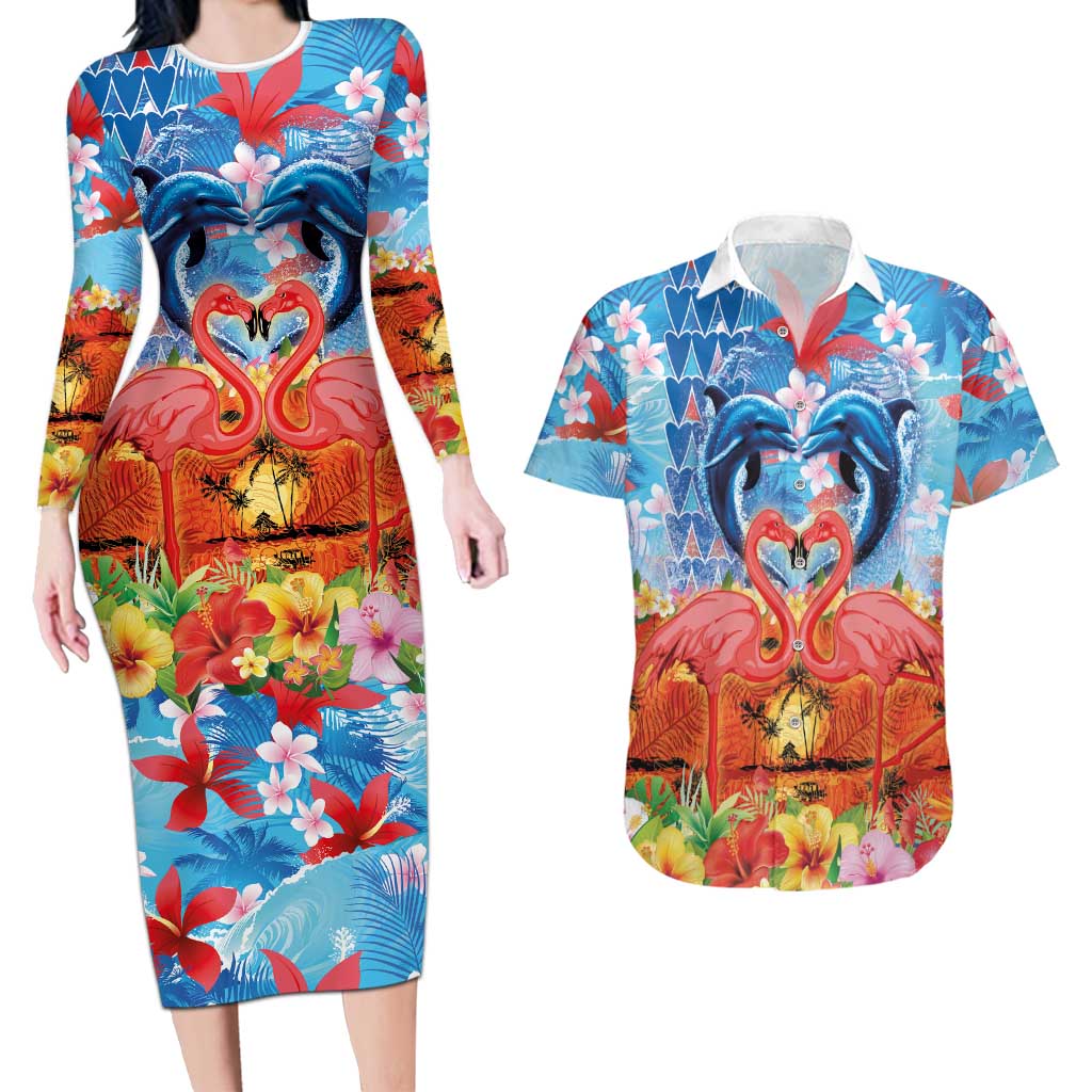 Hawaiian Love-Couple Dolphins and Flamingos Couples Matching Long Sleeve Bodycon Dress and Hawaiian Shirt LT03 Multicolor - Polynesian Pride