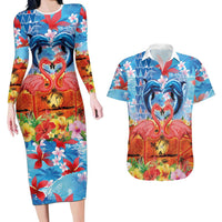Hawaiian Love-Couple Dolphins and Flamingos Couples Matching Long Sleeve Bodycon Dress and Hawaiian Shirt LT03 Multicolor - Polynesian Pride