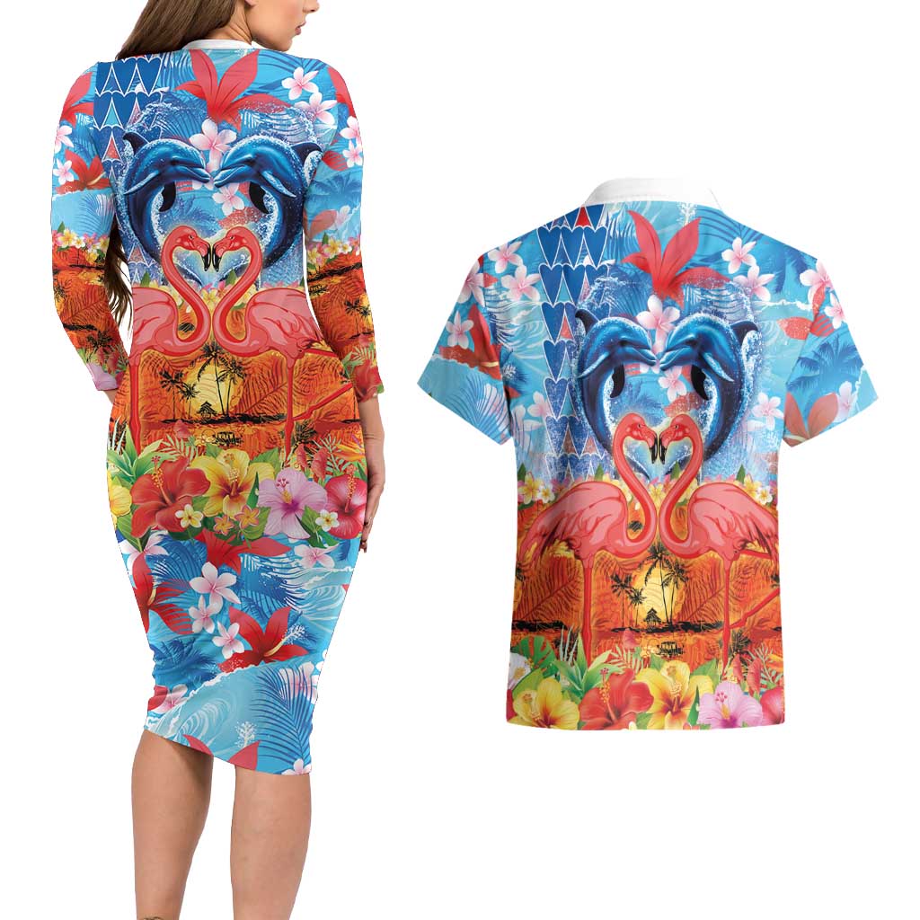 Hawaiian Love-Couple Dolphins and Flamingos Couples Matching Long Sleeve Bodycon Dress and Hawaiian Shirt LT03 - Polynesian Pride