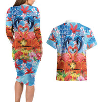 Hawaiian Love-Couple Dolphins and Flamingos Couples Matching Long Sleeve Bodycon Dress and Hawaiian Shirt LT03 - Polynesian Pride