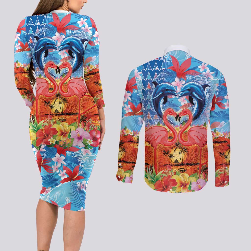 Hawaiian Love-Couple Dolphins and Flamingos Couples Matching Long Sleeve Bodycon Dress and Long Sleeve Button Shirt LT03 - Polynesian Pride