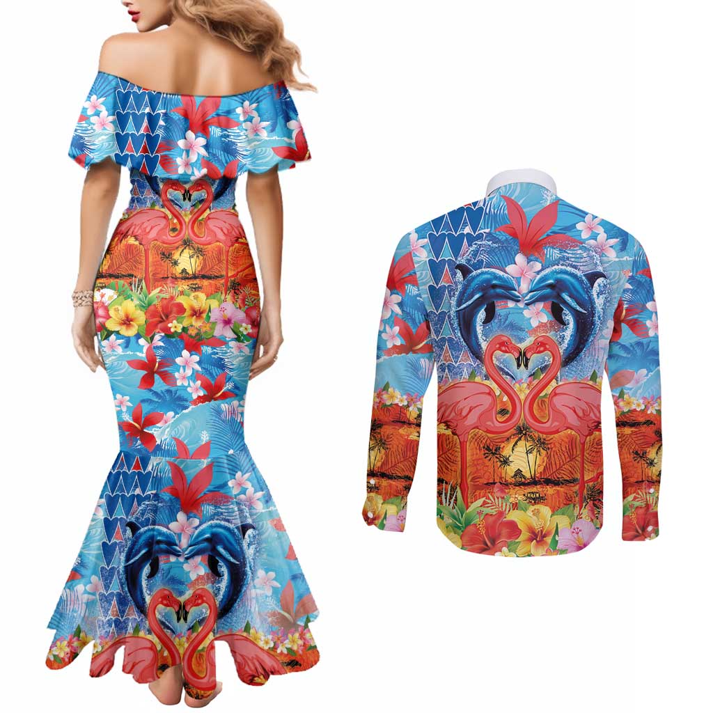 Hawaiian Love-Couple Dolphins and Flamingos Couples Matching Mermaid Dress and Long Sleeve Button Shirt LT03 - Polynesian Pride