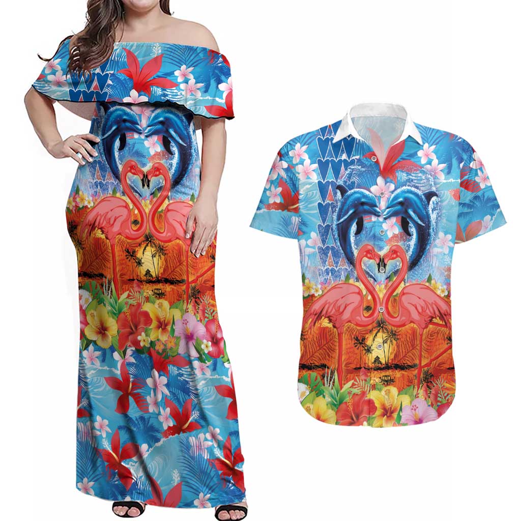 Hawaiian Love-Couple Dolphins and Flamingos Couples Matching Off Shoulder Maxi Dress and Hawaiian Shirt LT03 Multicolor - Polynesian Pride